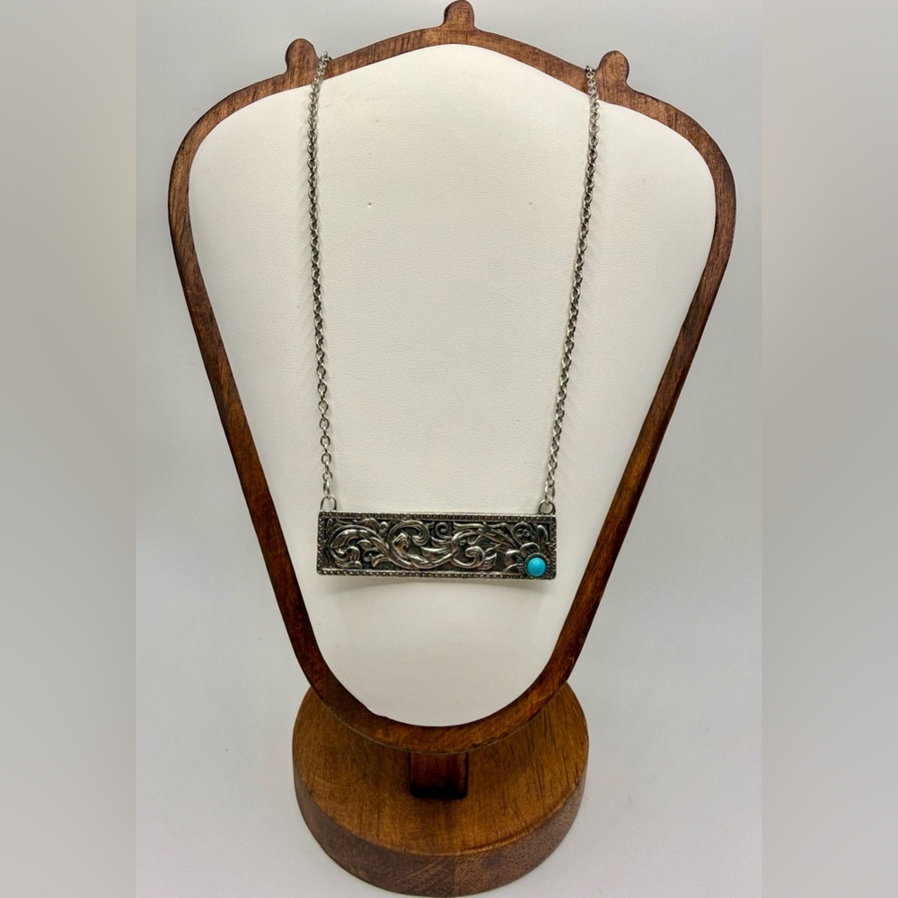Silver Tone Bar Necklace with Turquoise Accent Boho Southwestern Style
